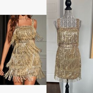 XL Gold Sequin Great Gatsby Flapper 1920s Swing Party Costume Dress. Size 12.